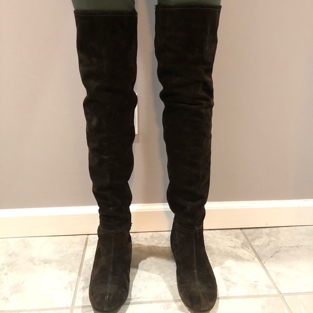 PRADA Brown Thigh High Suede Boots AUTHENTIC